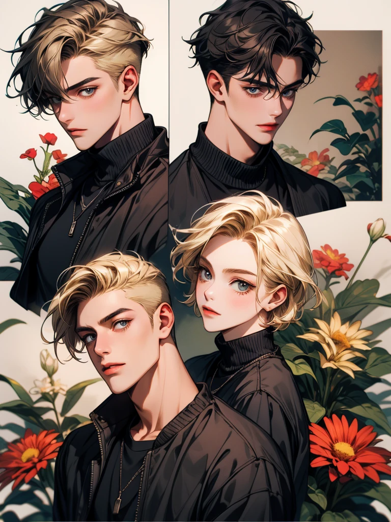 masterpiece, collage of teenage boy holding flowers, blond hair, black hair, 