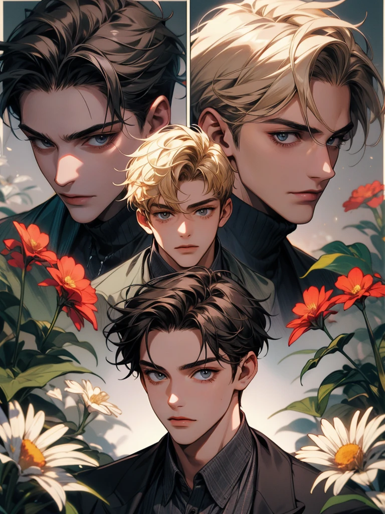 masterpiece, collage of teenage boy holding flowers, blond hair, black hair, 