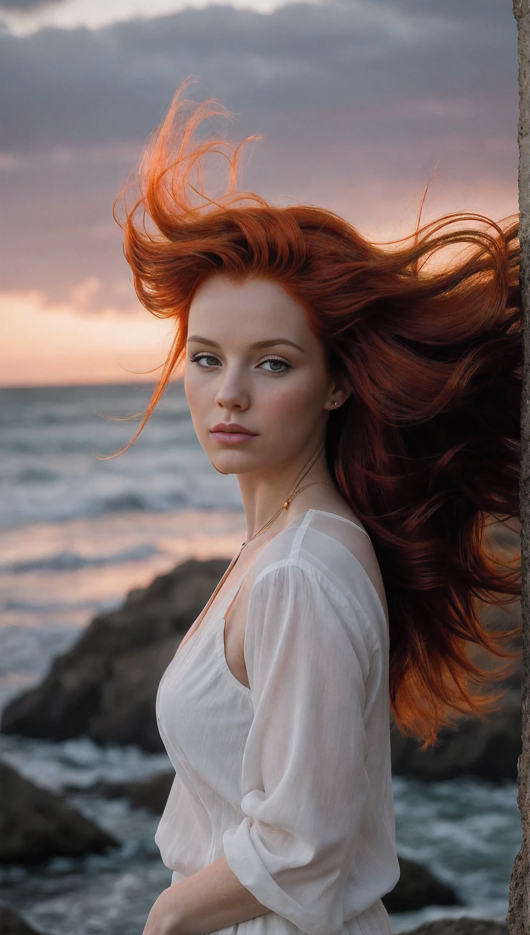 a photograph of a redhead woman with windswept tresses, her hair entangled like flames against a twilight sky, emanating untamed beauty