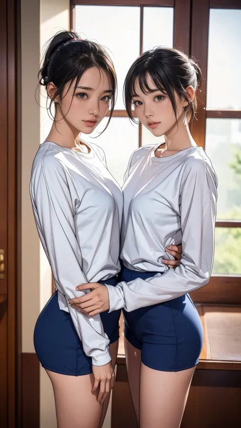 (2 girls, 15 years old, same height :1.2) ,Rear view,  couple focus ,    japanese girl ,  (smile:0.7), stand next to each other ...