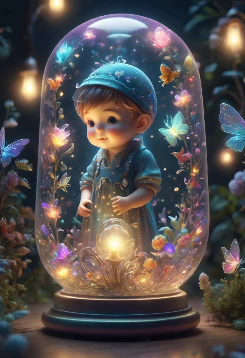 (best quality,4k,8k,highres,masterpiece:1.2),ultra-detailed,realistic,beautiful,adorable,glowing,night lights,fairy tale, little boy, soft light,colorful,delicate design,3D rendering,vivid colors,toy-like,size of a small lamp,gentle glow,fantasy creature,enchanting,fantastic,whimsical,lovely,luminous,illuminating,decorative lighting,eye-catching,iridescent,mystical,mythical,delightful,sparkling,cartoonish,joyful,magical atmosphere,colorful rainbow