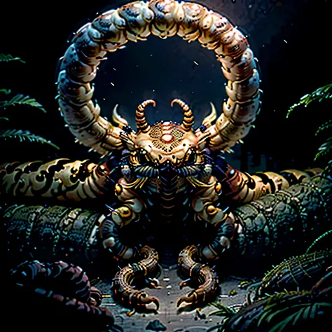 An eldritch horror with many tentacles and many insect eyes crawls through the forest, it has a single golden unicorn horn protruding from its head, set in a moonlit swamp