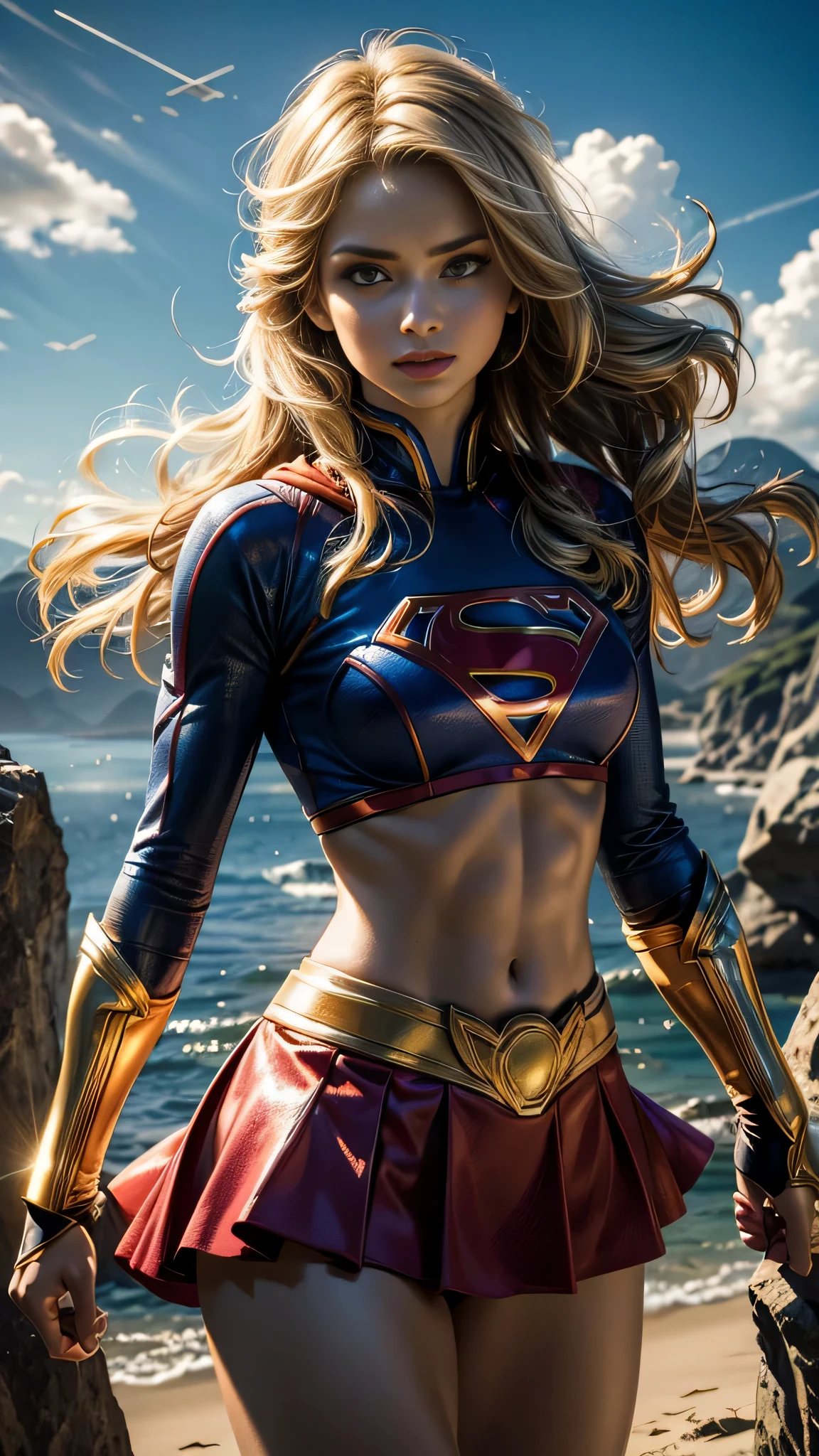 (best quality, highres, vivid colors:1.2), ultra-detailed, supergirl, skimpy costume, midriff showing, sexy, detailed facial features, beautiful detailed eyes, beautiful detailed lips, long eyelashes, confident expression, bright colors, vibrant background, flying in the sky, dynamic pose, strong physique, flowing blonde hair, powerful stance, intense sunlight, dramatic shadows, comic book style