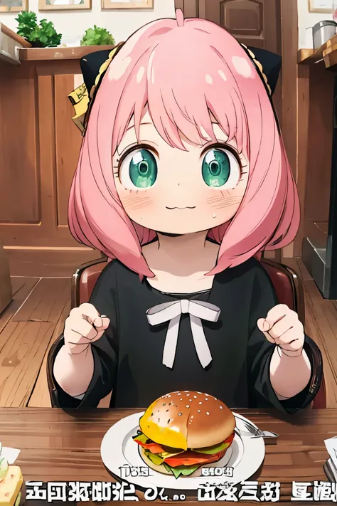 Anya, Sitting at the table, hamburger on the table, Looking at the burger, cute,