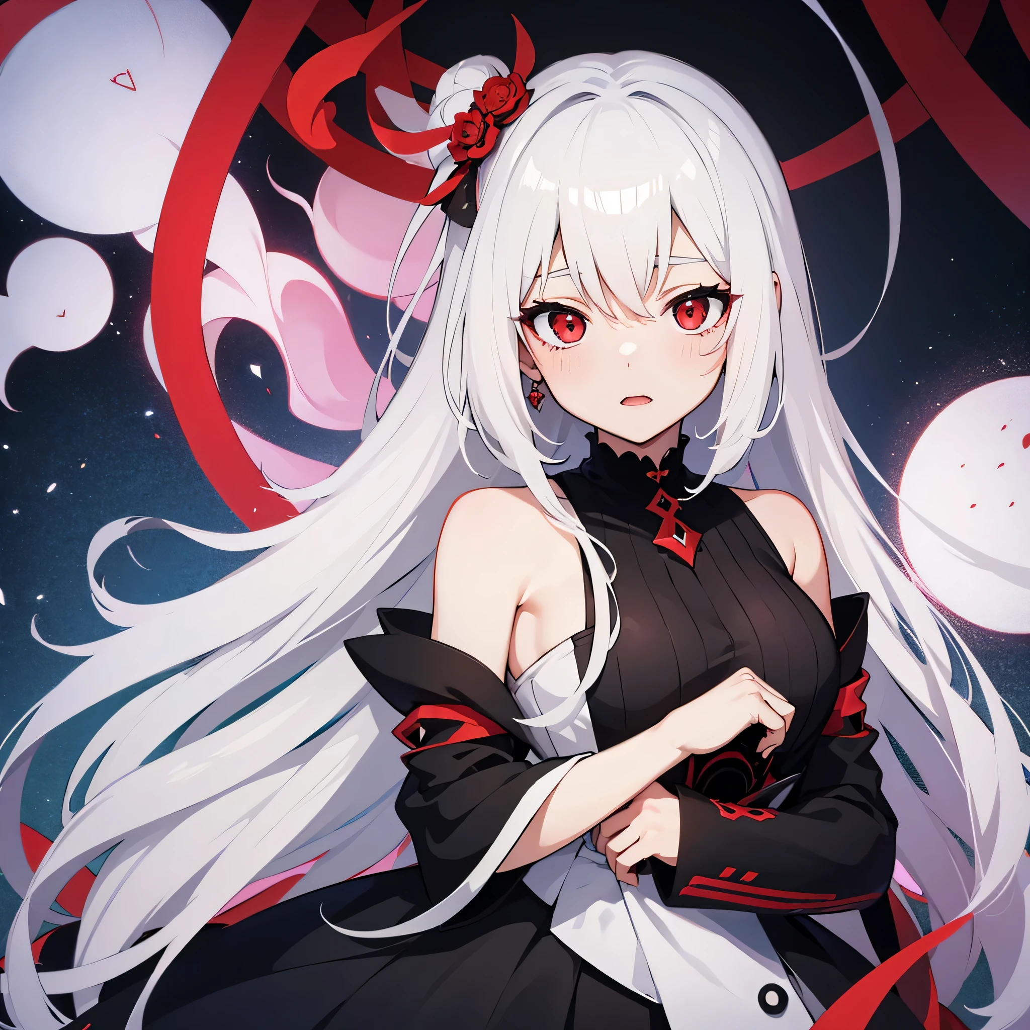 Anime girl with long white hair and red eyes standing in front of a black  background - SeaArt AI