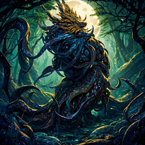 An eldritch horror with many tentacles and many insect eyes crawls through the forest, it has a single golden unicorn head protr...