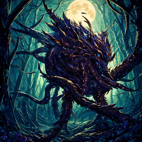 An eldritch horror with many tentacles and many insect eyes crawls through the forest, it has a single golden unicorn head protruding from its head, set in a moonlit swamp