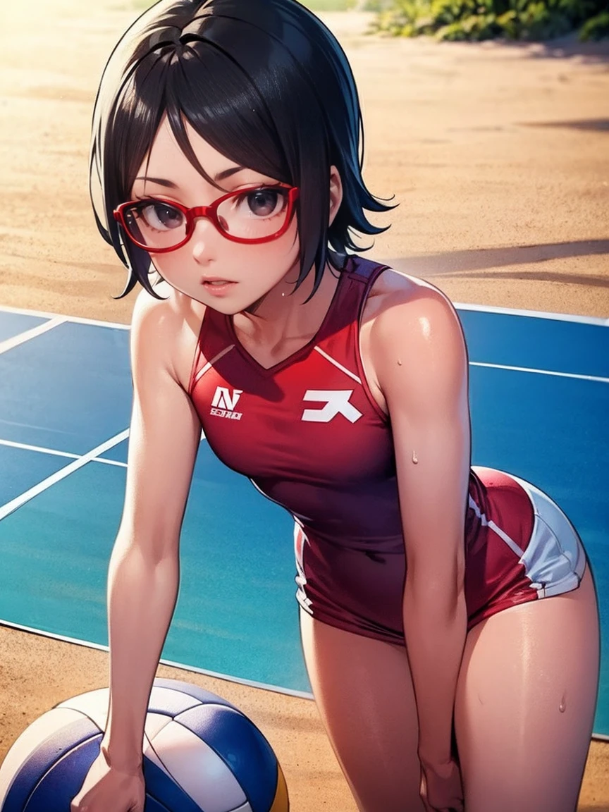 Illustration dans le style de l'artiste de bandes dessinées "Mike Deodato". "Sarada Uchiha" aux cheveux courts, yeux noirs et lunettes de prescription. tatouages. (Elle est habillée en joueuse de volley-ball de plage). Elle joue au volley-ball sur une plage recourbée du matin à Okinawa. Elle est éclairée par la lumière du soleil qui met en valeur son côté sportif, corps en sueur et légèrement bronzé. dévouement artistique. Mélange créatif, composition qui incite à la réflexion. Rouge à lèvres rouge. petit