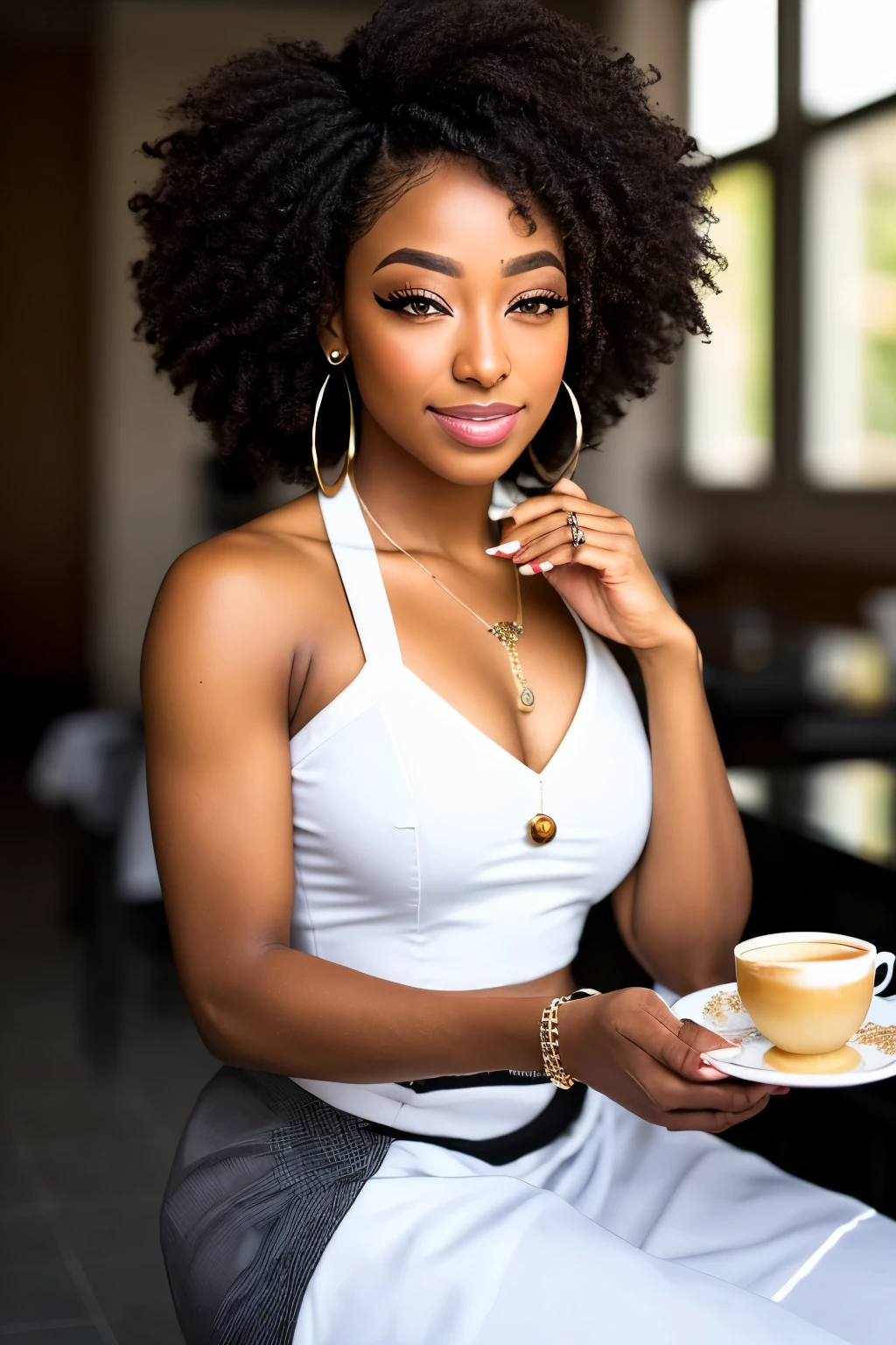  beautiful West Indian woman hair updo up-sweep sitting coffee in hand (chef-d&#39;artwork) (best quality) (detailed) (8K) (HDR) (Fond d&#39;screen) (cinema lighting) (Sharpness) (complexe)