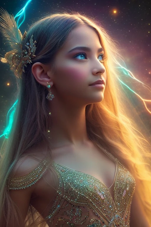 Generate an awe-inspiring and beautiful image that captures the viewer's imagination and evokes a sense of wonder. A surreal portrait that defies conventional reality, blending elements of nature with fantastical features. Imagine a beautiful princess, divine proportion, non-douche smile, aura that shimmer in all the colors of the rainbow, The atmosphere should be ethereal, with soft, glowing light that creates a dreamlike mood. Every aspect of the image should be meticulously detailed, inviting the viewer to lose themselves in the intricate beauty of this mind-boggling tableau. gaze into the camera, (bokeh), ((rule of thirds)), playful body manipulations, by Skyrn99, high detail, high quality, high resolution