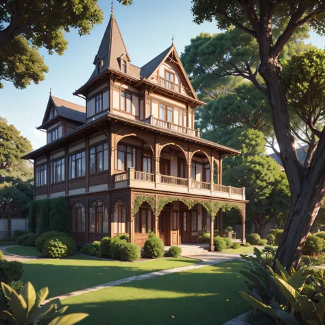 beautiful house with victorian architecture with trees and gardens (photorealista:1.4, realista), highly detailed 8k unified cg ...