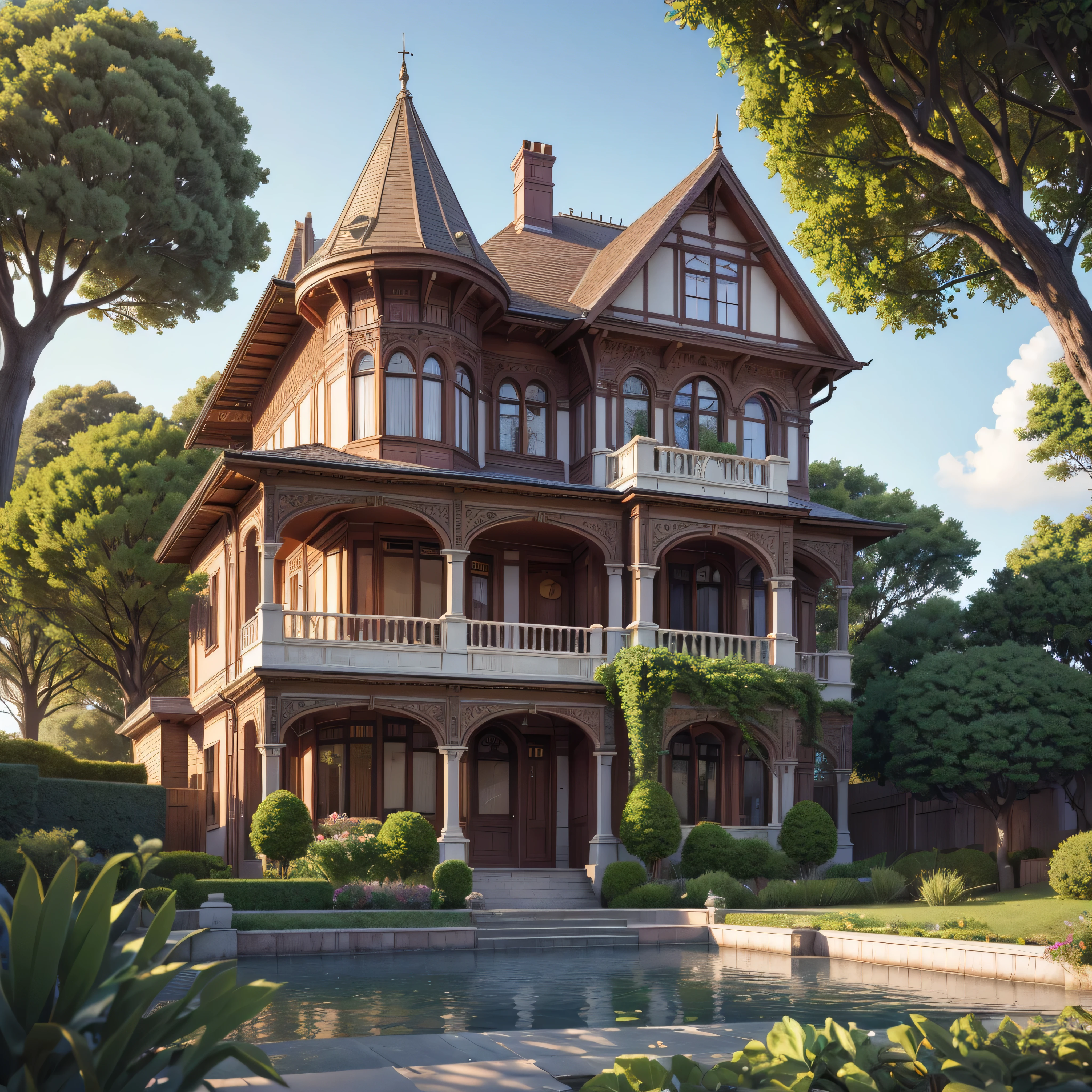 beautiful house with Victorian architecture with trees and gardens (photorealista:1.4, realista), highly detailed 8K unified CG wallpapers, bairro pacata, 8K Ultra HD, dslr, soft lighting, alta qualidade, Film grain, Fujifilm XT3