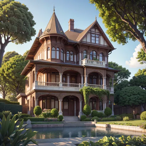 beautiful house with victorian architecture with trees and gardens (photorealista:1.4, realista), highly detailed 8k unified cg ...