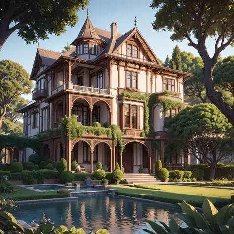 beautiful house with Victorian architecture with trees and gardens (photorealista:1.4, realista), highly detailed 8K unified CG ...