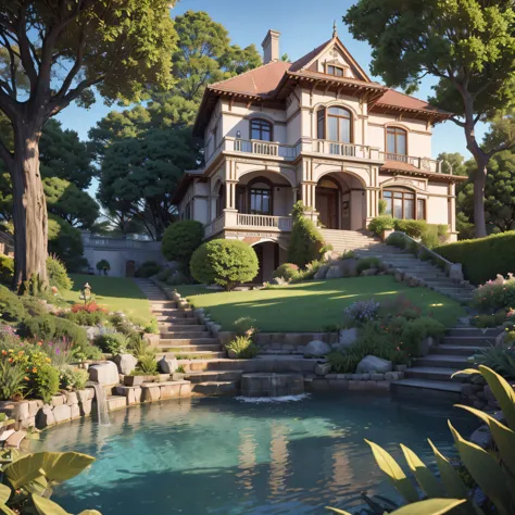 beautiful house with victorian architecture with trees and gardens (photorealista:1.4, realista), highly detailed 8k unified cg ...