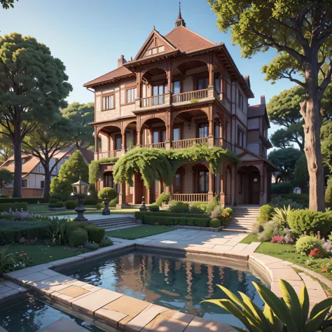 beautiful house with victorian architecture with trees and gardens (photorealista:1.4, realista), highly detailed 8k unified cg ...