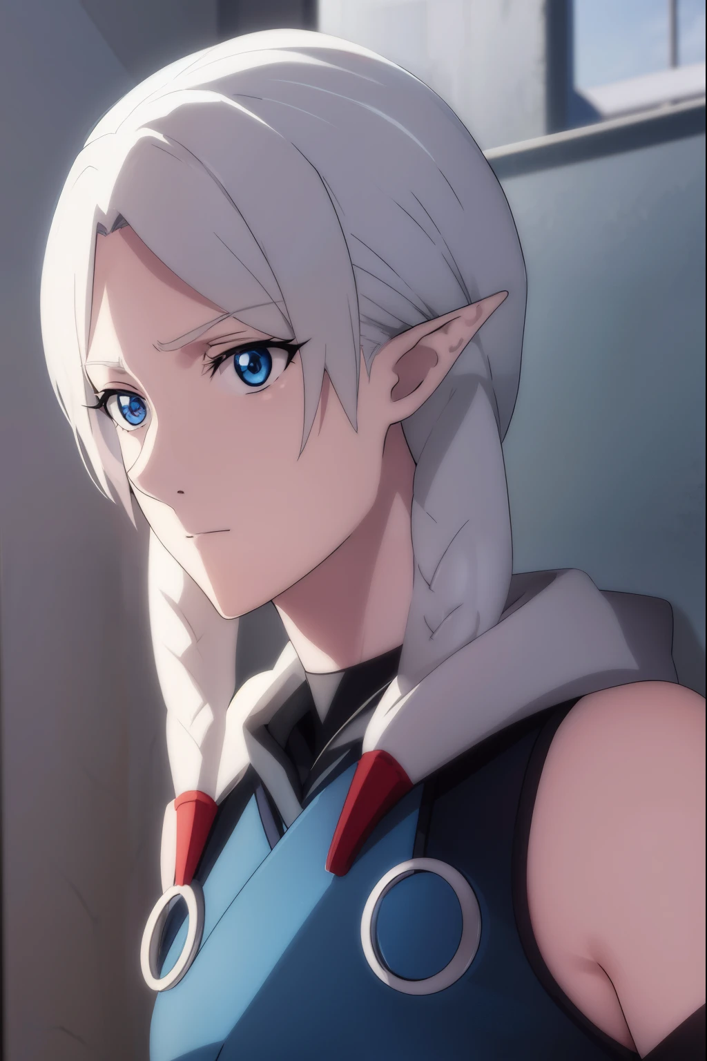 fymryn, fymryn, blue eyes, grey hair, pointy ears, braid, hair braid, elf,
BREAK bare shoulders, boots, detached sleeves,
BREAK looking at viewer,
BREAK outdoors,
BREAK (masterpiece:1.2), best quality, high resolution, unity 8k wallpaper, (illustration:0.8), (beautiful detailed eyes:1.6), extremely detailed face, perfect lighting, extremely detailed CG, (perfect hands, perfect anatomy),