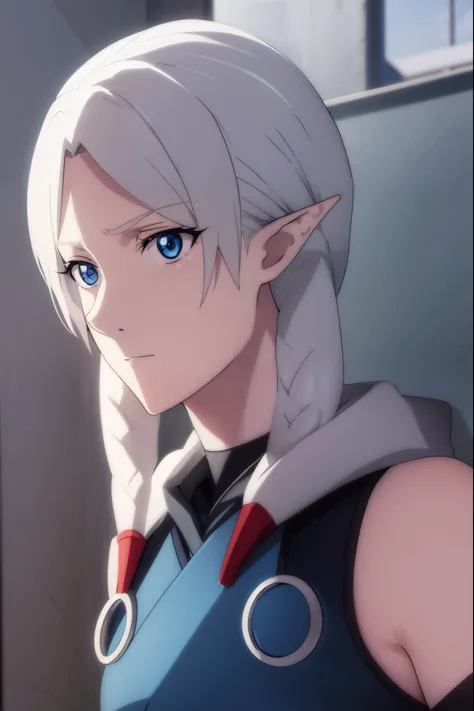 fymryn, fymryn, blue eyes, grey hair, pointy ears, braid, hair braid, elf,
break bare shoulders, boots, detached sleeves,
break ...