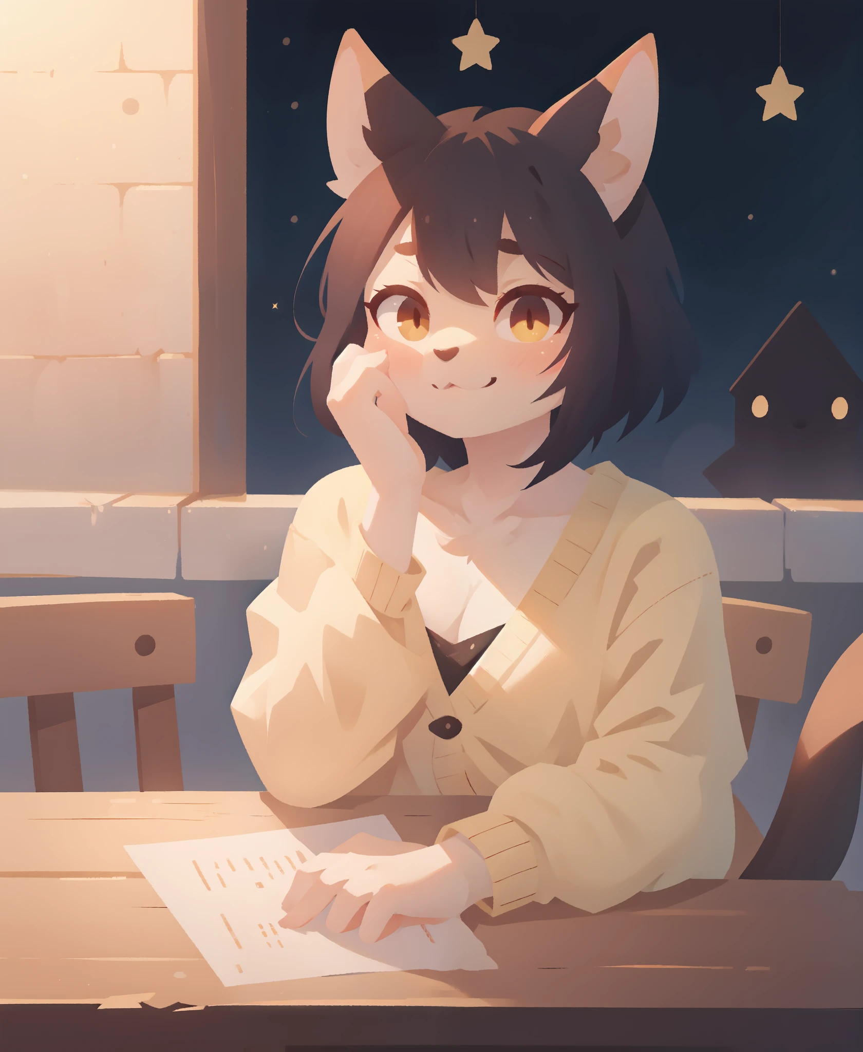 1girl, solo, table, star eyes, cardigan, bow, star shaped pupils, looking at viewer, smile, a hand on face, short hair, (best quality, masterpiece, illustration, ultra-detailed:1.3), (uploaded on e621, furry, anthro, kemono:1.3)