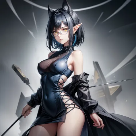 8k, older girl, (short dark blue hair:1.2), yellow eyes, serious, medium breast, rectangular glasses, dutch angle, sashagrey, (ahoge:1.1), dark elf witch, long tight multycolored dress with low-cut, large slit, (pointed ears), nipples trough clothes, simpl...