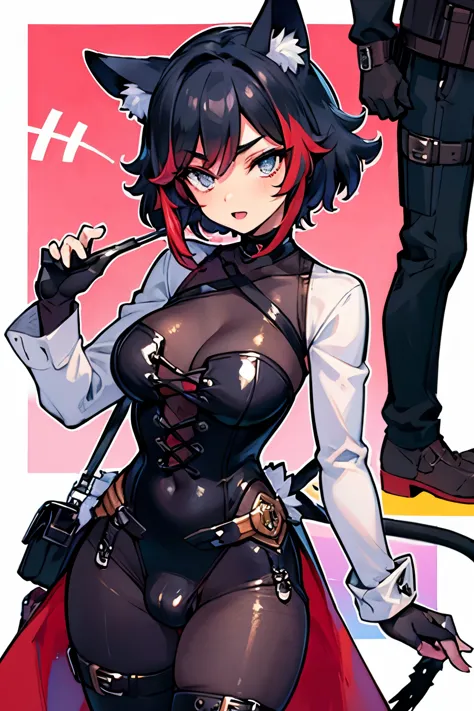 Anime Detailed Beautiful fantasy Woman, small , long black hair with red highlights, (big bulge), big cock, (big dick), silver eyes, hair tips are red, black cat ears, black cat tail