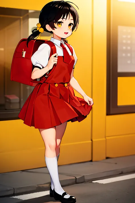 simple background, yellow background, yellow theme, Walking, school uniform,shirt, short sleeves,red dress,red tie,puffy sleeves,  mary janes,white legwear,socks,kneehighs, backpack,red school bag ,a red purse is on her back,shoes, short twintails,black ha...
