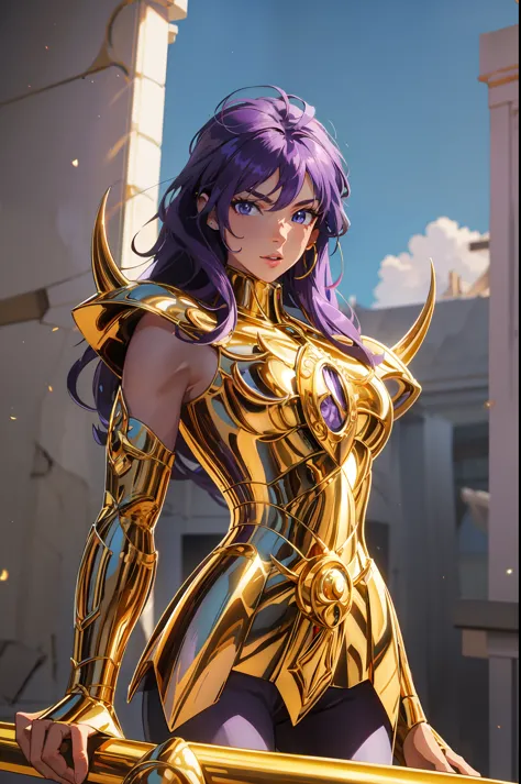 perfect eyes:1.2, detailed eyes:1.4, gold armor, armor, (purple hair:1.6), helmet, breasts, shoulder armor, medium hair, blue ey...