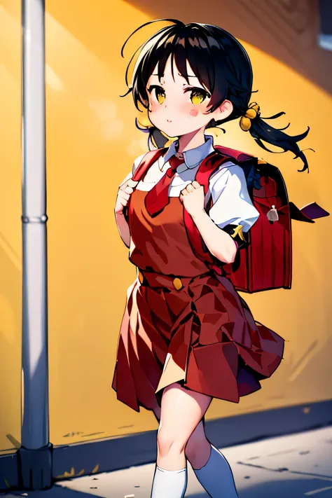 simple background, yellow background, yellow theme, Walking, school uniform,shirt, short sleeves,red dress,red tie,puffy sleeves,  mary janes,white legwear,socks,kneehighs, backpack,red school bag ,a red purse is on her back,shoes, short twintails,black ha...
