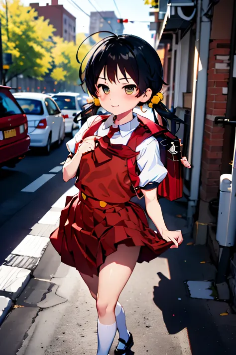 nsfw,  Walking, school uniform,shirt, short sleeves,red dress,red tie,puffy sleeves,  mary janes,white legwear,socks,kneehighs, backpack,red school bag ,a red purse is on her back,shoes, short twintails,black hair, hair bobbles, hair ornament, holding stra...