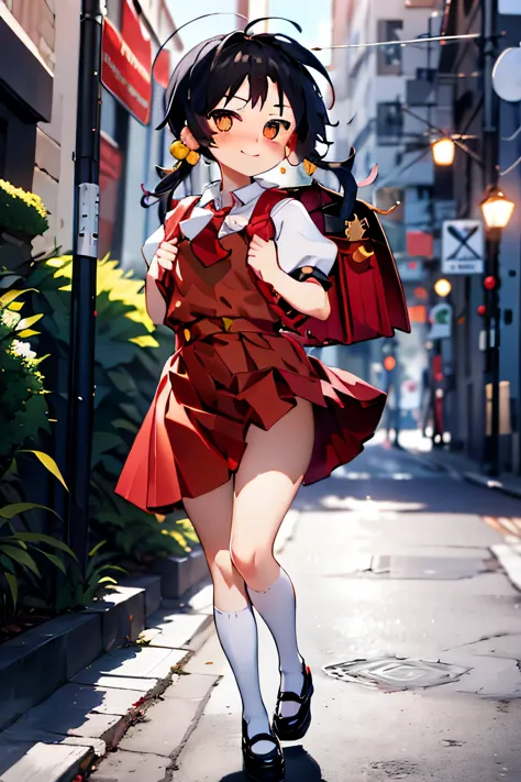 nsfw:1.3,  Walking, school uniform,shirt, short sleeves,red dress,red tie,puffy sleeves,  mary janes,white legwear,socks,kneehighs, backpack,red school bag ,a red purse is on her back,shoes, short twintails,black hair, hair bobbles, hair ornament, holding ...