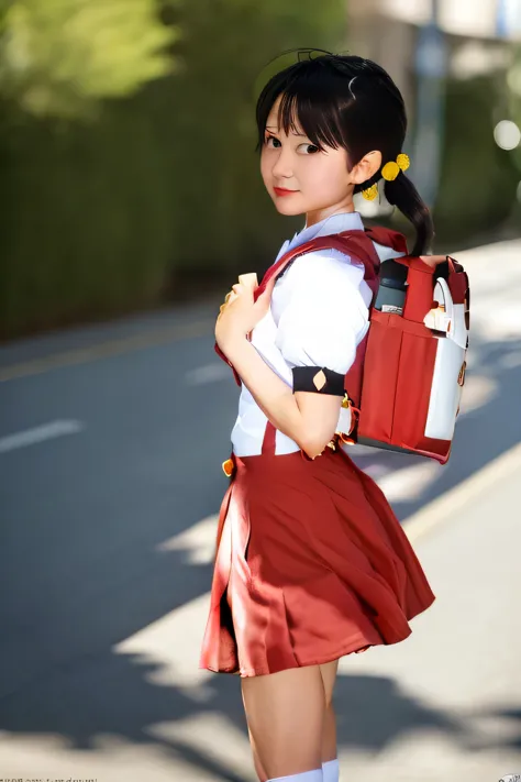 nsfw:1.3, Walking, school uniform,shirt, short sleeves,red dress,red tie,puffy sleeves, mary janes,white legwear,socks,kneehighs, backpack,red school bag ,a red purse is on her back,shoes, short twintails,black hair, hair bobbles, hair ornament, holding st...