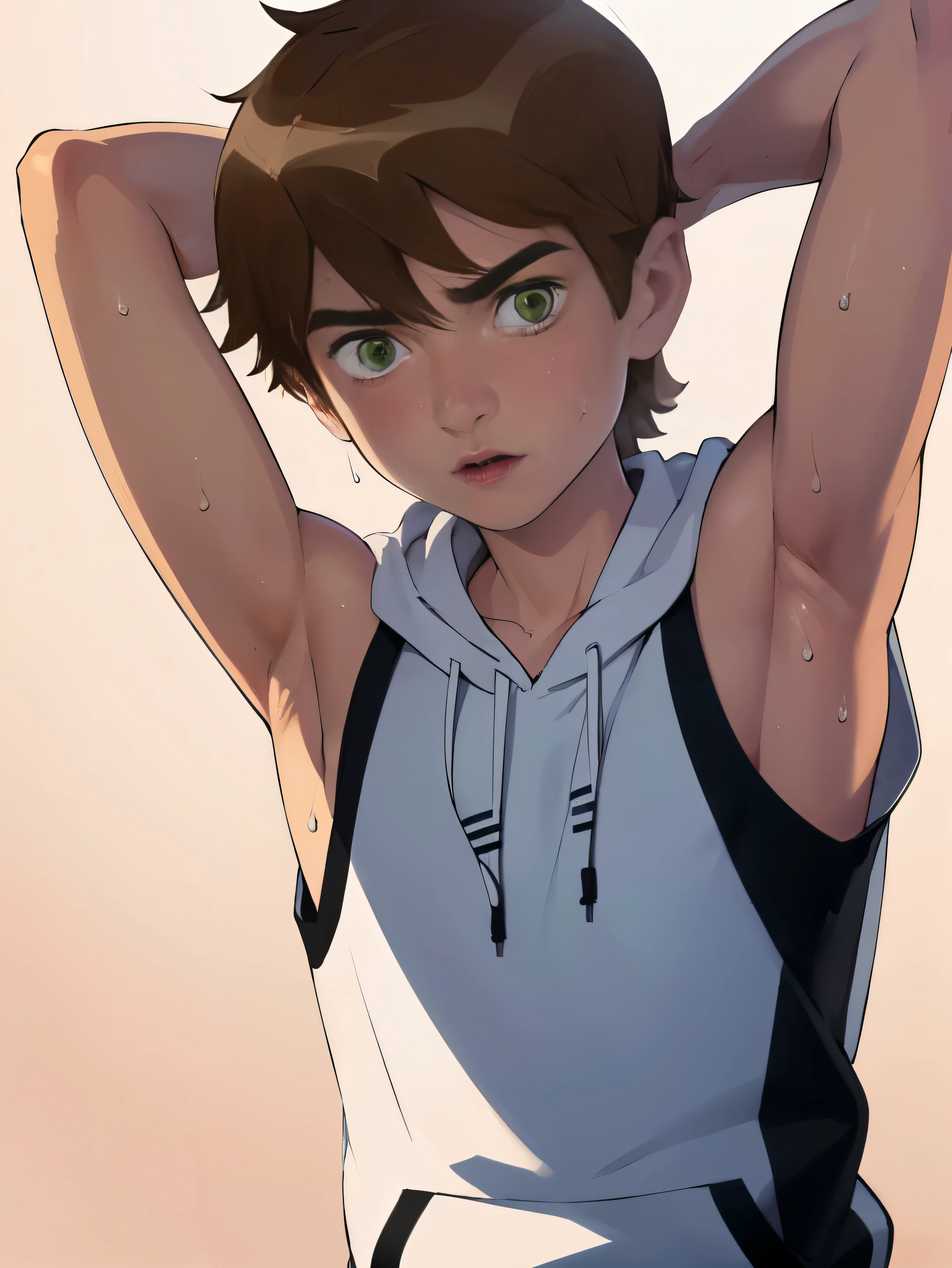 Highres, Masterpiece, Best quality at best,Best Quality,hight quality, hight detailed, 1boy, bentennyson, green eyes, Sleeveless hoodie, Sweat, (showing armpit:1.3), upper body,  the day, summer