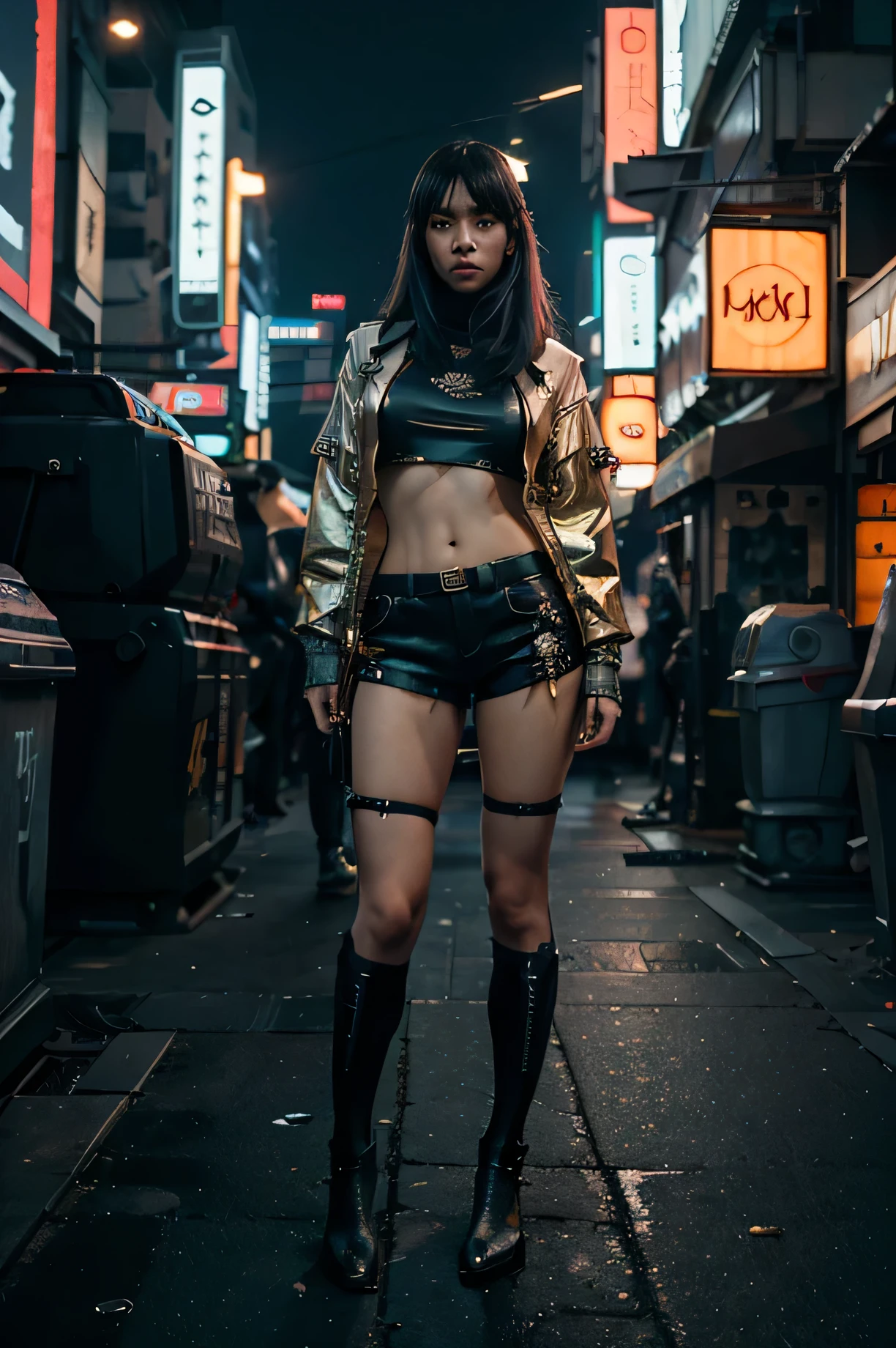 Boutique,best quality,Gold jewelry,(slip out feet),Fairy skin,(Fidelity :1.2),Standing,Super Detailed,realistic,High quality,Movie Light,Ray tracking,Ultra HD,Upper body, Girl in shorts and jacket standing next to giant robot, Guweiz style artwork, CyberPunk mech, Trends on CGSTATION, Guweiz, Russell Dongjun Lu, digital cyberpunk anime art, Ross Tran 8 K, Guweiz on ArtStation Pixiv, Girl in mecha network armor