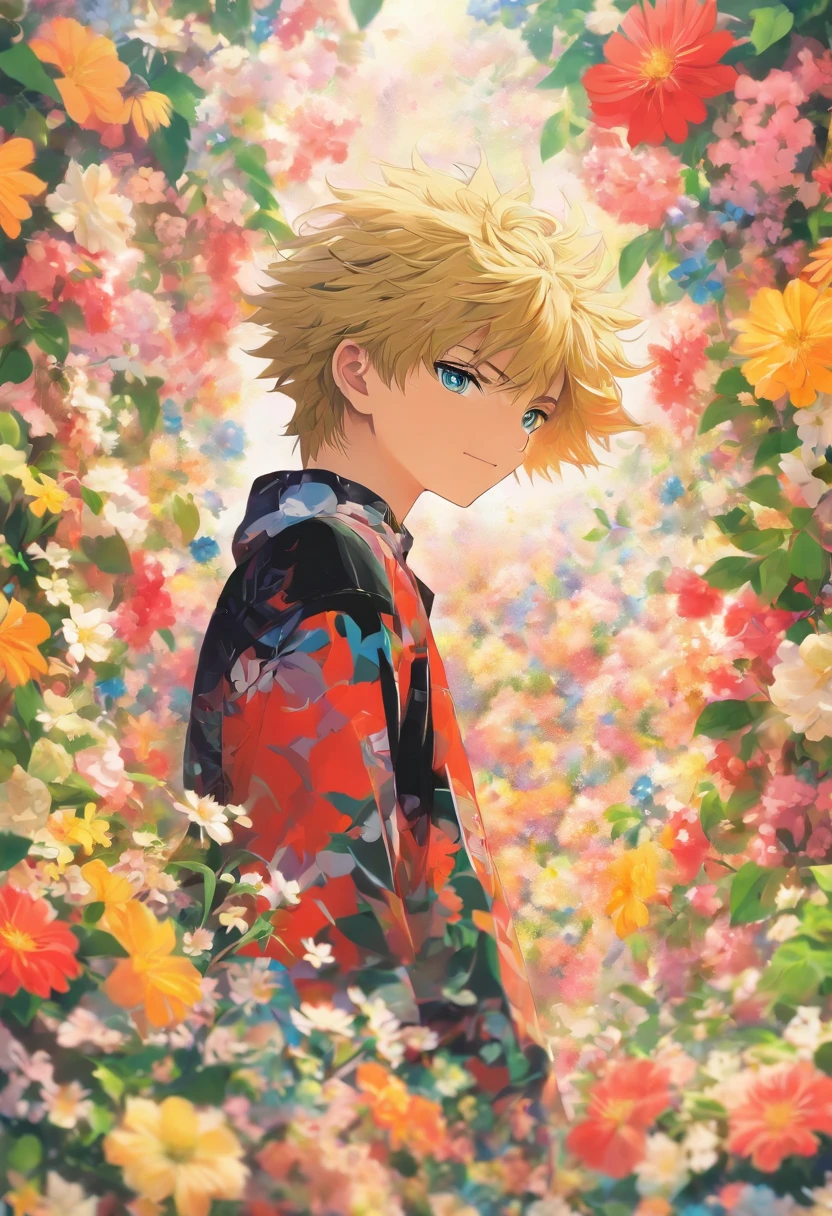 masterpiece, collage of teenage boy, casual outfit, flowers, blond hair, black hair,
