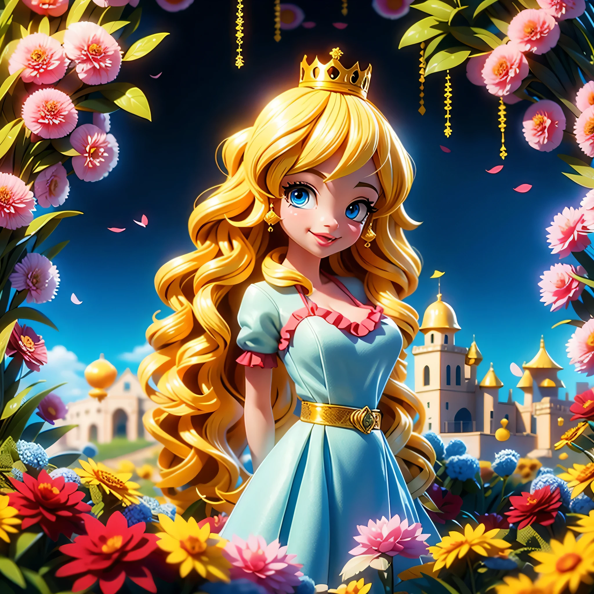 close up portrait, solo portrait, a beautiful blonde-haired European princess, young adult woman, shapely, perfect breasts, long wavy hair, bright blue eyes, fair skin, wearing a red dress, red dress, large frilly princess gown, modest clothes, chaste, golden crown, laughing happily, in a flower garden, sunny day in a castle flower garden, digital art