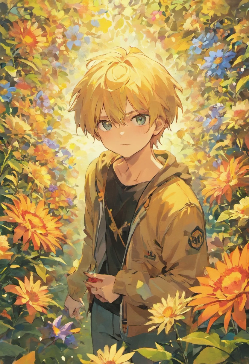masterpiece, collage of teenage boy, casual outfit, flowers, blond hair, black hair,
