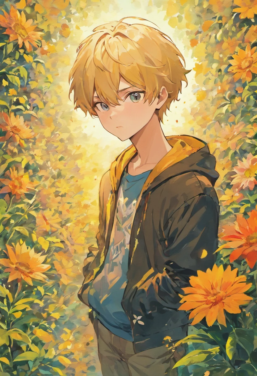masterpiece, collage of teenage boy, casual outfit, flowers, blond hair, black hair,
