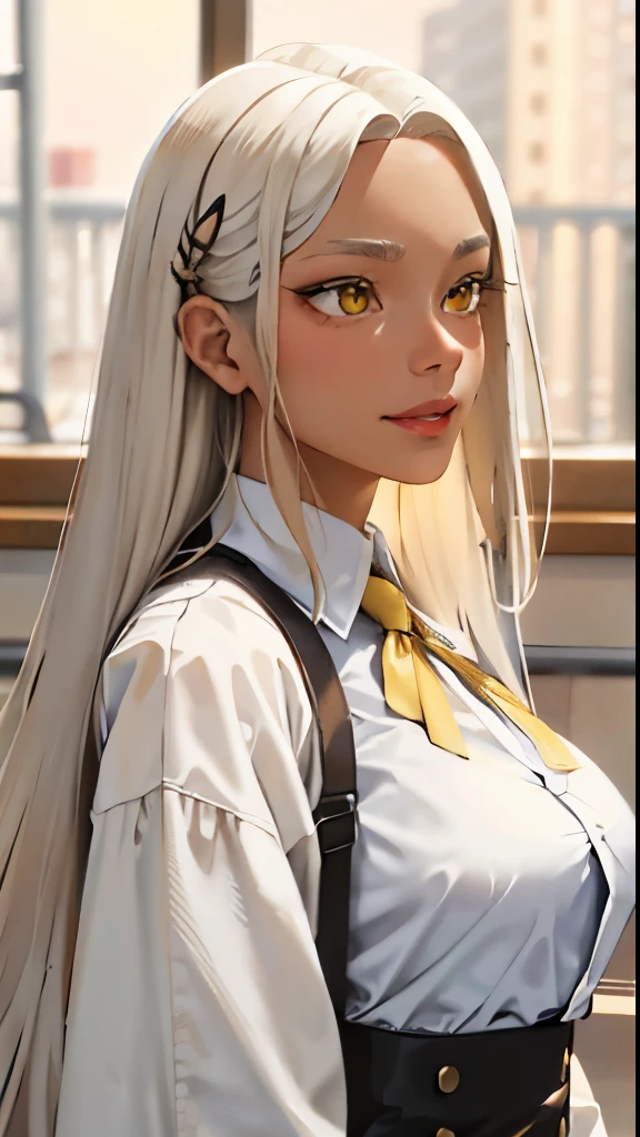 brown skin, long white hair (masterpiece, : 1.2, highest quality), (1 female, alone, Upper body: 1.2) brown skin Clothing: brown skin, busタオルアクセサリー: Hairpin Hair: long gray hair makeup: nature, glowing skin, brown skin Behavior: Relaxed, easy going, a place of smiles: bus, long white hair, very big breasts, Brown-yellow eyes, brown skin