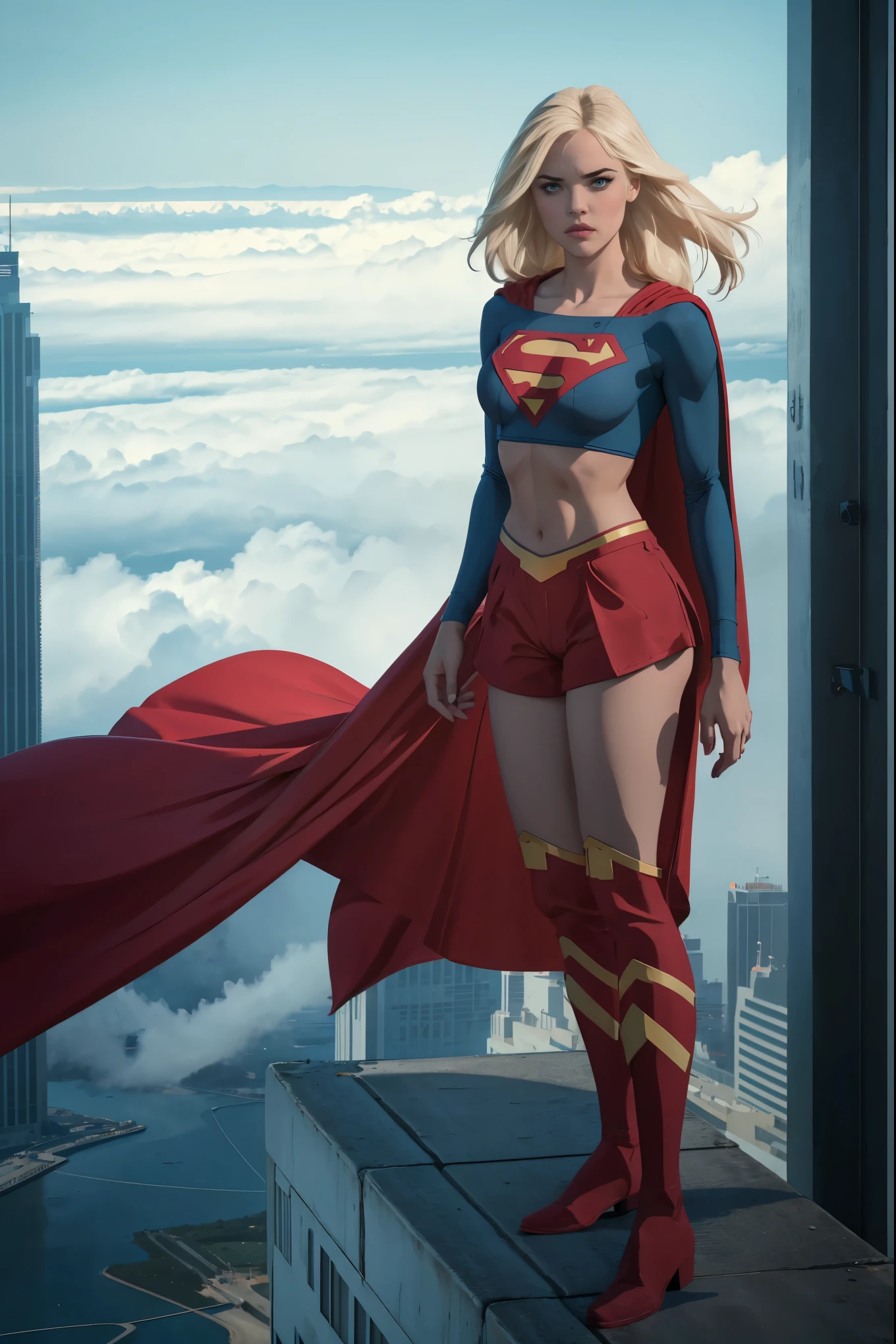 Supergirl,1girl,long blonde hair,hair band,white crop top,dolphin shorts, whitegloves,boots, standing atop a skyscraper in the clouds, large breasts, half shirt showing bottom halves of her breasts