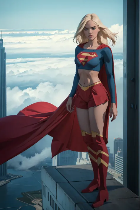 Supergirl,1girl,long blonde hair,hair band,white crop top,dolphin shorts, whitegloves,boots, standing atop a skyscraper in the c...