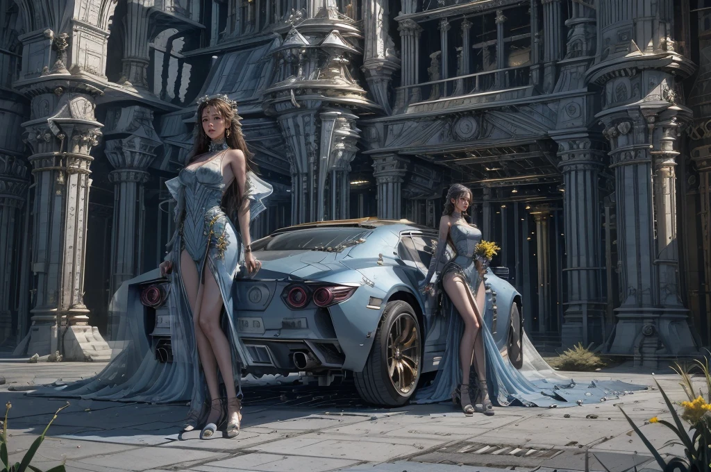 Incredible fantasy city, mega skyscrapers, flying cars, space elevator towers, Super Detail, trees, flowers, Many different buildings, spaceships in the sky, Ultra detail, many elements, blue and gold, yellow numbers on the towers, Character incredibly beautiful girl, posing in front of a car, full length, stands on the balcony, leash around the neck, , submission, disturbance, fabulous car, aggressive car shape, a lot of details, super car, expensive convertible., Incredibly beautiful face, very detailed face, Detailed eyes, detailed hair, Expensive earrings, nipple piercing, diamonds, Emeralds, Rubies, turquoise, correct anatomy, red lace dress, Thin body, Super Detail тела, many small details of the dress, Incredible fantasy city, mega skyscrapers, flying cars, space elevator towers, Super Detail, trees, flowers, Many different buildings, spaceships in the sky, Ultra detail, many elements, blue and gold, yellow numbers on buildings, straight and smooth lines, Street, evening, A lot of cars, sharp lines, contrast, City River, water fall, trees по берегу, fault in the earth&#39;s square, deep crevice, You can't see the ground, Very high, helicopter landing pads, interceptor hangars, lots of blue and yellow, bright colors, paint