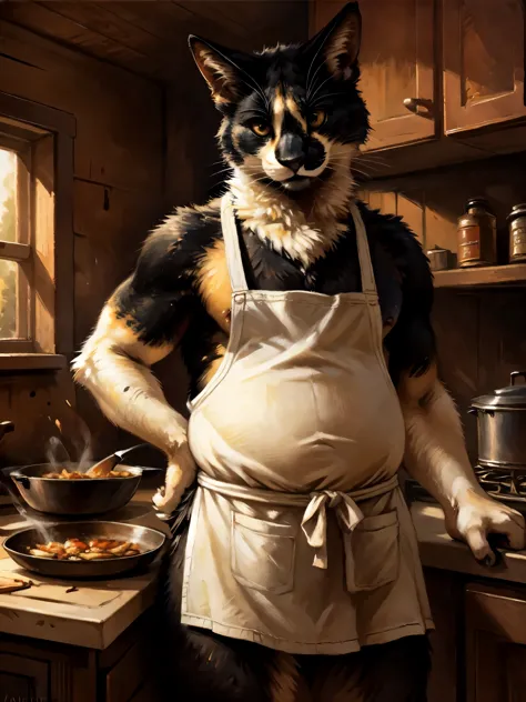 Leo, a black and white anthro bicolor cat, black lower lip, standing, chubby, standing, indoors, realistic, by kenket, front view, wearing apron, holding a frying pan, cooking chicken 