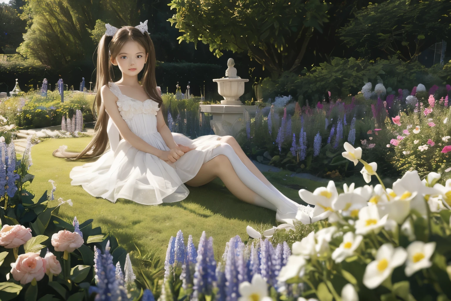 (Highly detailed CG Unity 8K wallpaper), the most beautiful works of art in the world, , 10 years old, blonde, twin tails, slim and young body, white skin, white leotard, Girl with beautiful face, aristocratic garden, beautiful garden with blooming flowers, fantasy