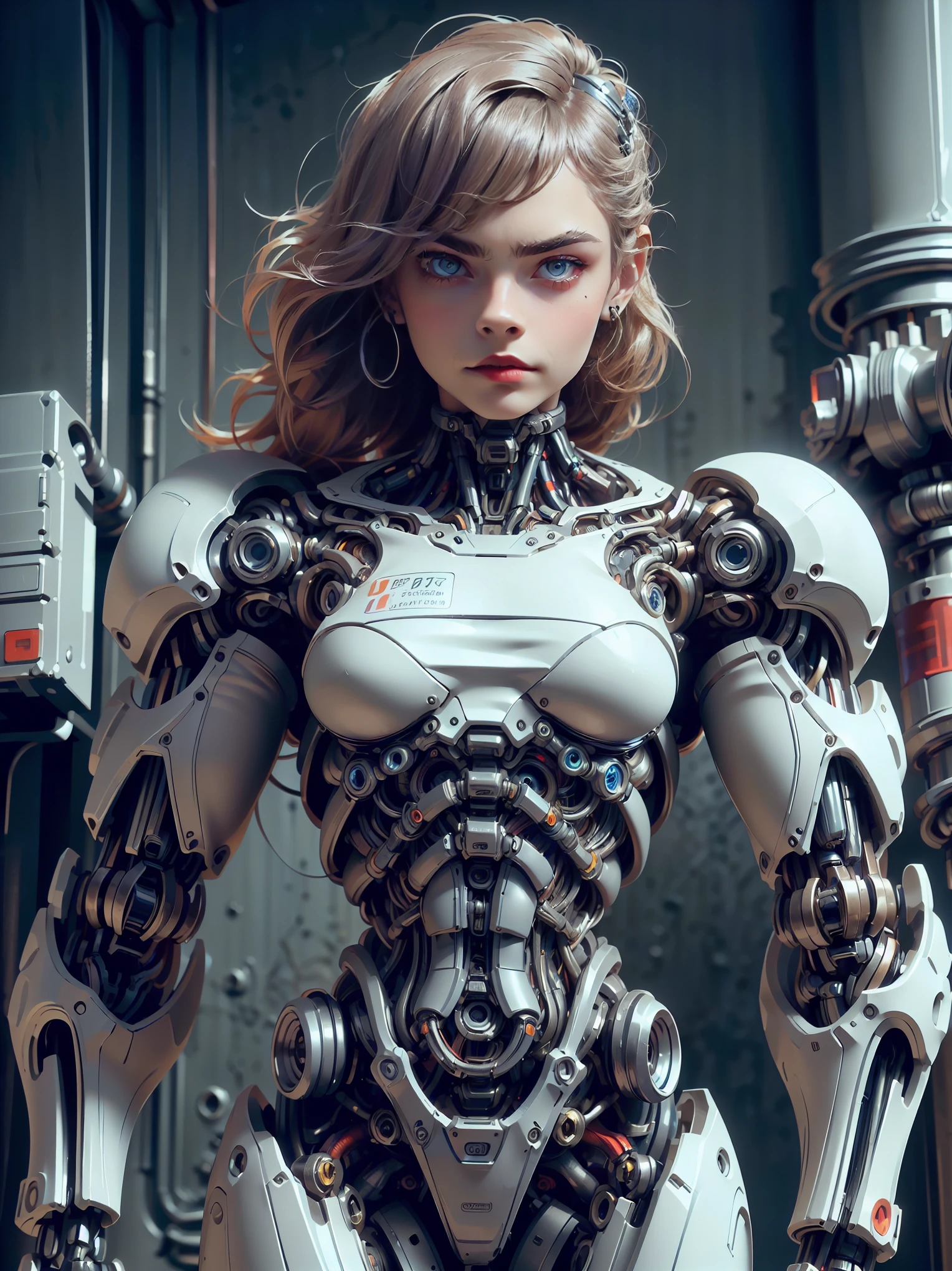 (1 girl), (beautiful cyborg queen:1.25), (cara delevingne:1.25), (robotic mechanical physique:1.25), (1 super muscular cyborg demoness:1.25), (covered in cables and mechanical muscles:1.25), (android muscular anatomy:1.25), (perfect fingers:1.25),(8k, RAW photo, photorealistic:1.25), sci fi atmosphere, futuristic technopia, alien landscape,