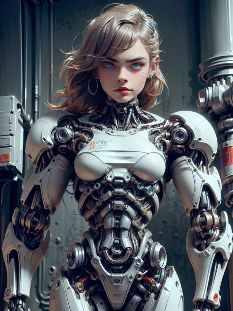 (1 girl), (beautiful cyborg queen:1.25), (cara delevingne:1.25), (robotic mechanical physique:1.25), (1 super muscular cyborg de...