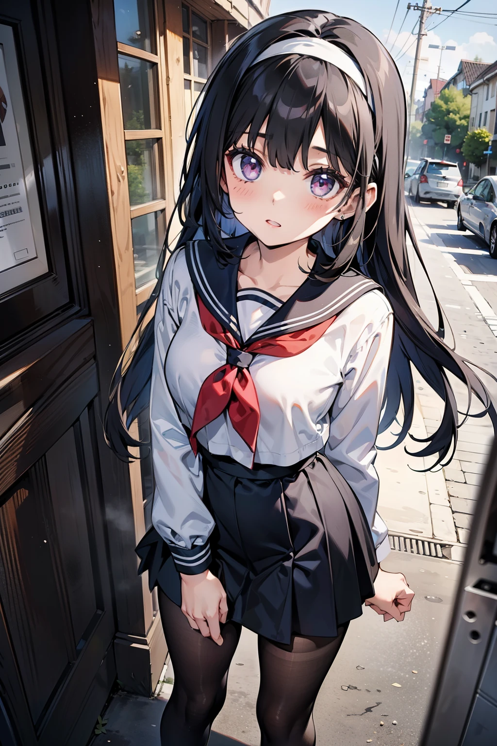 body 8 times longer than head, 8k, highest quality, masterpiece, Super detailed, ultra high resolution, realistic, RAW photo, absolute resolution, black hair, High school girl wearing a navy sailor suit, Anime 2D rendering, realistic young anime school girl, ((White headband)), purple eyes, small breasts, tall, slanted eyes, (school scenery), black stockings, bright color, open your mouth, Dark blue skirt,  Straight Long Hair, Bangs Patsun, position looking down from above, Music Classes, Playing the flute, 