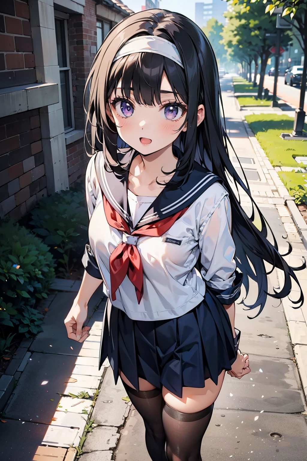 body 8 times longer than head, 8k, highest quality, masterpiece, Super detailed, ultra high resolution, realistic, RAW photo, absolute resolution, black hair, High school girl wearing a navy sailor suit, Anime 2D rendering, realistic young anime school girl, ((White headband)), purple eyes, small breasts, tall, slanted eyes, (school scenery), black stockings, bright color, open your mouth, Dark blue skirt,  Straight Long Hair, Bangs Patsun, position looking down from above, Music Classes, Playing the flute, 
