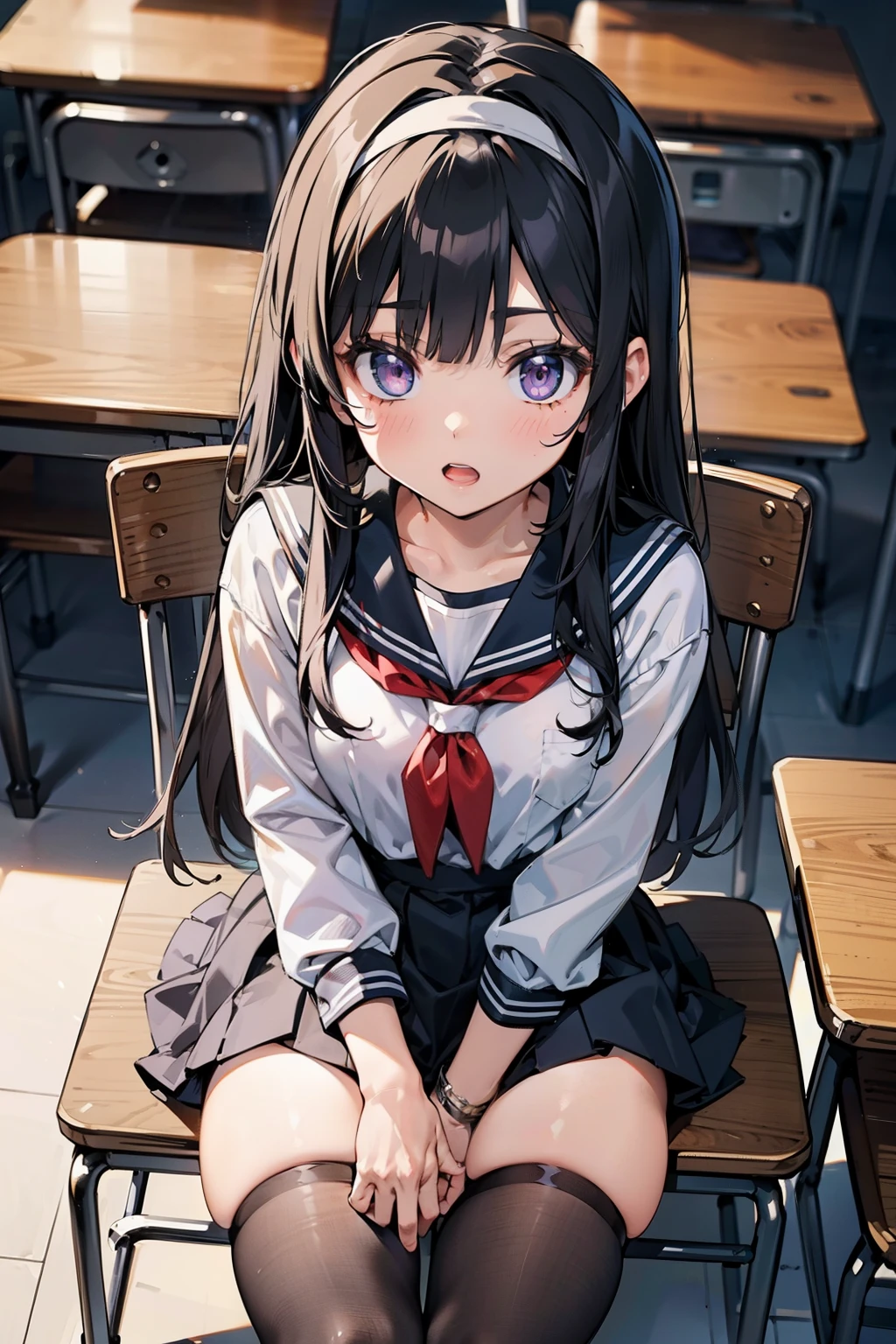 body 8 times longer than head, (Highly detailed CG unity 8k), (highest quality)，(very detailed)，(ultra high resolution),  (Students studying in chairs), Are sleeping, black hair, High school girl wearing a navy sailor suit, Anime 2D rendering, realistic young anime high school girl, ((White headband)), purple eyes, small breasts, tall, slanted eyes, (school scenery), black stockings, bright color, open your mouth, Dark blue skirt,  Straight Long Hair, Bangs Patsun, position looking down from above, anime style, 1, classroom,