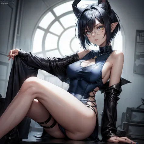 8k, older girl, (short dark blue hair:1.2), yellow eyes, serious, medium breast, rectangular glasses, dutch angle, sashagrey, (ahoge:1.1), dark elf witch, long tight multycolored dress with low-cut, large slit, (pointed ears), nipples trough clothes, simpl...