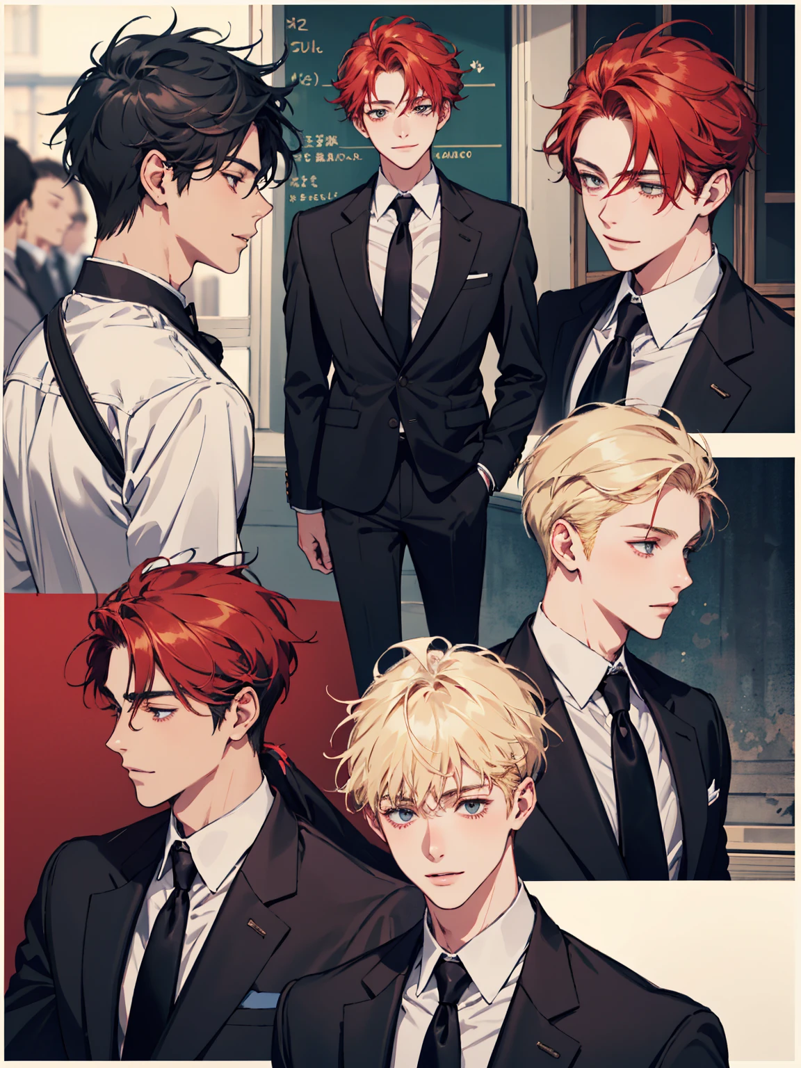 masterpiece, collage of teenage boy, happy, smile, high school boy, school uniform, blond hair, black hair, multiple boys
